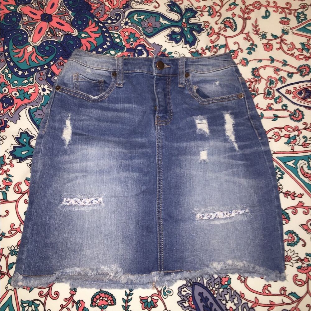 Distressed jean skirt